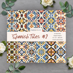 May include: Twelve digital papers featuring a seamless pattern of colorful Spanish tiles in shades of blue, yellow, red, and white. The papers are 12 inches by 12 inches and 300 DPI.