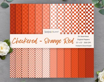 May include: A set of 24 digital paper designs featuring a checkered pattern in shades of orange and white. The papers are 12 inches by 12 inches and 300 DPI.