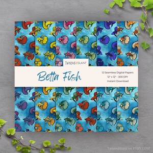 May include: Twelve digital paper designs featuring colourful betta fish on a blue background. Each design is 30.5 cm by 30.5 cm and 300 DPI. The text "Betta Fish" is displayed on the image.
