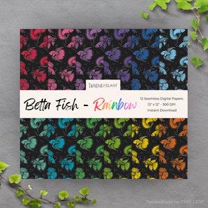 May include: Twelve digital papers featuring a rainbow of betta fish on a black background. Each paper is 12 inches by 12 inches and 300 DPI.