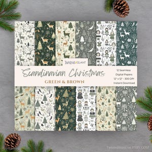 Carte digitali di Natale scandinave / DOWNLOAD IMMEDIATO / Motivo scandinavo / Sfondo nordico / Verde e marrone / SCANDI01
