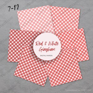 May include: Set of six digital papers featuring a red and white gingham pattern. The papers are perfect for scrapbooking, card making, and other crafting projects.