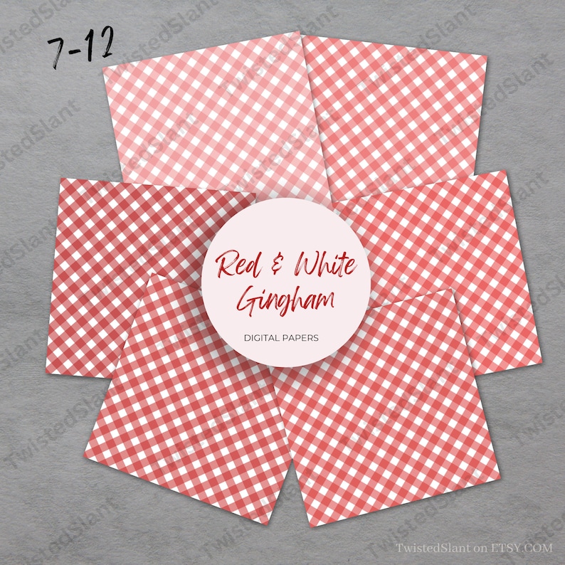 May include: Set of six digital papers featuring a red and white gingham pattern. The papers are perfect for scrapbooking, card making, and other crafting projects.