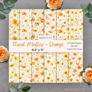 Frühlings Blumen Medley Digitales Papier | SOFORTIGER DOWNLOAD | Aquarell Blumen | Blumenmuster | Orange | 22 x 28 cm | FDP1