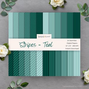 Op de afbeelding: Een verzameling teal digitale papieren met verschillende streepmotieven. De papieren zijn 30.48 cm x 30.48 cm groot en direct te downloaden. Het product is gelabeld met "Stripes - Teal" en bevat de tekst "24 Seamless Digital Papers".