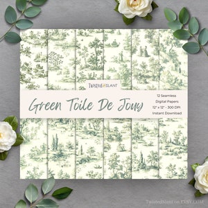 Carta digitale Toile De Jouy / DOWNLOAD IMMEDIATO / Toile verde / Carta cineserie / Pacchetto di carta senza cuciture / Toile Junk Journal / Verde / TDJ1