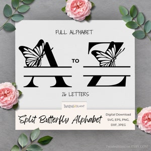 Mariposa dividida SVG / DESCARGA INSTANTÁNEA / Alfabeto de mariposas / Monograma de letras divididas SVG / Mariposas SVG / Fuente boho / Conjunto 2 / ALPH01