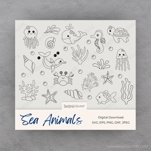 Svg d'animaux marins, créatures marines svg pieuvre, svg tortue de mer, svg crabe, svg coquillage, svg dauphin, hippocampe svg, svg baleines, svg méduse