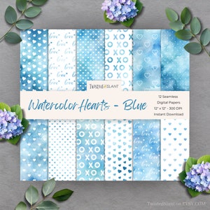 Valentine Herzen nahtlose digitale Papiere | SOFORTIGER DOWNLOAD | Aquarell Herzen | Valentinstag Hintergrund | Nahtlose Papiere | Blau | WCH1