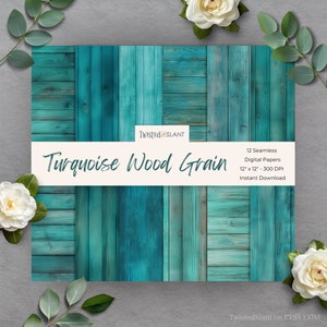 Papel digital con vetas de madera / DESCARGA INSTANTÁNEA / Papel con vetas de madera / Fondos de madera / Paquete de papel sin costuras / Turquesa / WDG1