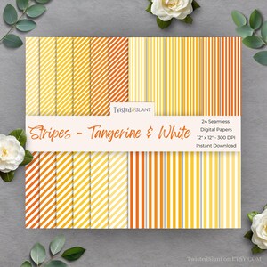 May include: A collection of 24 seamless digital papers with various stripe patterns in shades of tangerine, yellow, and white. The papers are 12" x 12" and 300 DPI. The text "Stripes - Tangerine & White" is displayed.