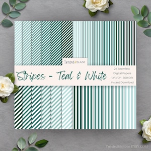 May include: A collection of 24 seamless digital papers with teal and white stripes. The papers are 12 x 12 inches and 300 DPI. The text on the image reads "Stripes - Teal & White" and "Instant Download".