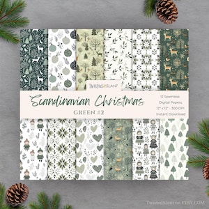 Carte digitali di Natale scandinave / DOWNLOAD IMMEDIATO / Motivo scandinavo / Sfondo nordico / Verde / Set 2 / SCANDI01