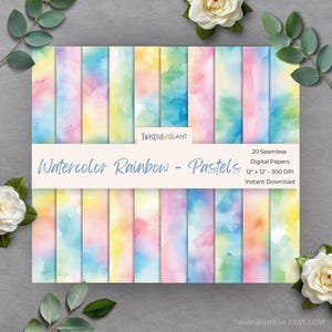 May include: Twenty seamless digital papers featuring watercolour rainbow pastel designs. Each paper is 30.5 cm by 30.5 cm and 300 DPI.