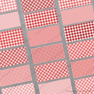 May include: A set of 12 digital paper patterns featuring red and white gingham designs. The patterns include various sizes and angles of the gingham check.