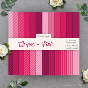 May include: A collection of 24 seamless digital papers in various shades of pink, featuring striped patterns. The papers are 12" x 12" and 300 DPI. The title "Stripes - Pink" is displayed on the cover, along with the Twisted Slant logo.
