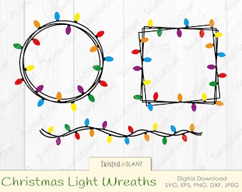 May include: Three Christmas light wreath designs: a circle, a square, and a string of lights. The lights are multi-coloured and the wreaths are black.