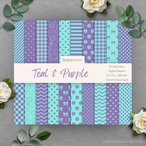 May include: Twenty digital paper designs in teal and purple with various patterns, including stripes, polka dots, checkered, stars, hearts, bows, and swirls. The papers are 12 inches by 12 inches and 300 DPI.