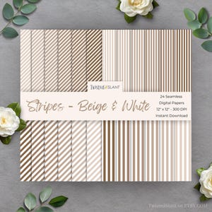 Puede incluir: Una colección de 24 papeles digitales sin costuras con rayas beige y blancas. Los papeles miden 30,48 cm x 30,48 cm y 300 DPI. El texto de la imagen dice "Stripes - Beige & White" y "Instant Download."
