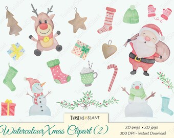 Watercolour Christmas Clipart, snowman clipart, Christmas tree clipart, present clipart, santa clip art, candy cane clipart, glove clipart