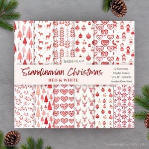 Carte digitali di Natale scandinave / DOWNLOAD IMMEDIATO / Motivo scandinavo / Sfondo nordico / Rosso e bianco / SCANDI01