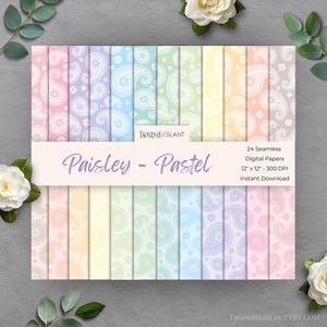 May include: A collection of 24 seamless digital papers with a paisley pattern in pastel colors. Each paper measures 12 x 12 inches. The image features a variety of soft hues, including pink, purple, blue, and yellow.