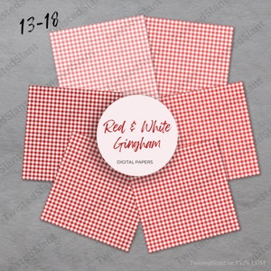May include: Six digital paper designs featuring a red and white gingham pattern. The papers are arranged in a stack with the text "Red & White Gingham" and "DIGITAL PAPERS" visible.