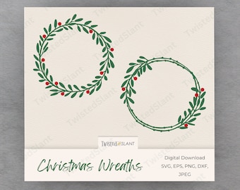 May include: Two green Christmas wreaths with red berries. The wreaths are simple and elegant, perfect for adding a touch of festive cheer to your home decor.