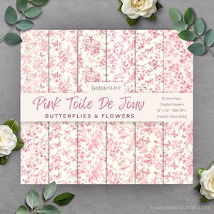 Padrão sem costura Toile De Jouy | DOWNLOAD INSTANTÂNEO | Toile De Jouy Rosa | Papel Digital Borboleta | Pacote de papel sem costura | Rosa | TDJ1 | FDP1