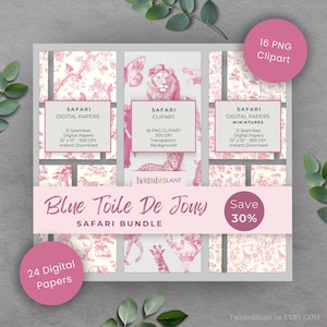 Toile De Jouy Safari / Bundle / DOWNLOAD IMMEDIATO / Rosa Toile De Jouy / Safari Animal Clipart / Pacchetto di carta senza giunture / Rosa / TDJ1
