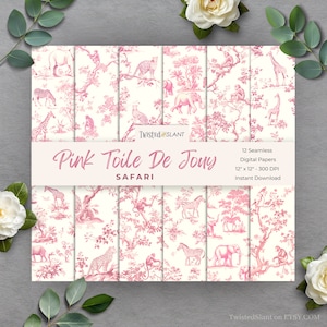 Carta digitale Toile De Jouy / DOWNLOAD IMMEDIATO / Rosa Toile De Jouy / Carta cineserie / Modello animale senza cuciture / Rosa / TDJ1