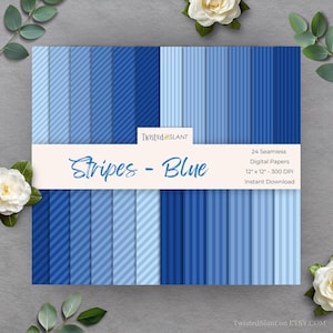 Puede incluir: Un conjunto de 24 papeles digitales sin costuras con diseños de rayas azules. Los papeles miden 30.48 cm x 30.48 cm y tienen 300 DPI. El título "Stripes - Blue" se muestra. La marca "Twisted Slant" también es visible.