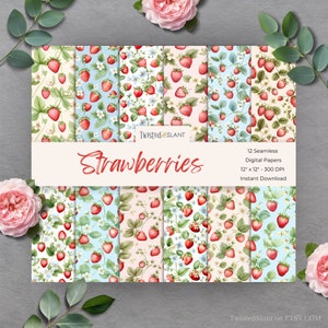 Digitale Papiere Erdbeeren | SOFORTIGER DOWNLOAD | Aquarell Erdbeere | Erdbeer Hintergrund | Seamless Paper Pack | Sommer | FRT1