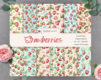 Digital Papers Strawberries | INSTANT DOWNLOAD | Watercolor Strawberry | Strawberry Background | Seamless Paper Pack | Summer | FRT1