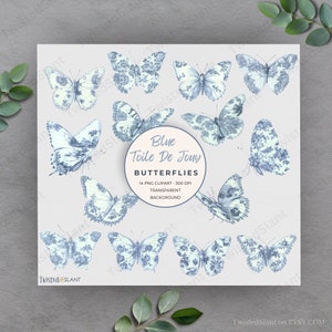 Toile De Jouy Clipart | INSTANT DOWNLOAD | Blue Toile De Jouy | Chinoiserie Clipart | Vintage Toile | Butterfly Clip Art | Blue | TDJ1
