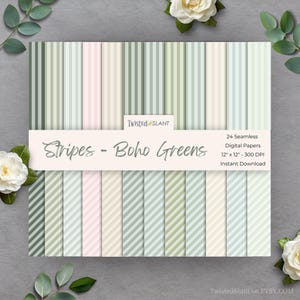 May include: A set of 24 seamless digital papers featuring a striped design in shades of green and pink. Each paper measures 30.48 cm x 30.48 cm and is 300 DPI. The image text says "Stripes - Boho Greens" and "Instant Download."