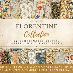 May include: A collection of 72 digital papers featuring ornate floral motifs and intricate patterns in various colors including red, blue, gold, and cream. The central text reads FLORENTINE COLLECTION 72 COORDINATED DIGITAL PAPERS IN 6 CURATED PACKS.