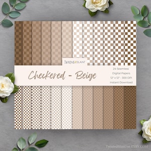 May include: Set of 24 digital paper patterns featuring a checkered design in various shades of beige. Each pattern is 30.5 cm by 30.5 cm and 300 DPI. Instant download.