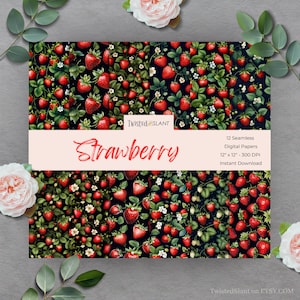 Digital Papers Strawberries | INSTANT DOWNLOAD | Watercolor Strawberry | Strawberry Background | Seamless Paper Pack | Dark Fruit | FRT1