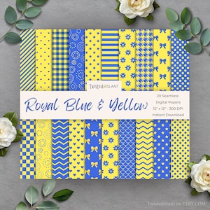 May include: A set of 20 digital papers in royal blue and yellow with various patterns, including stripes, polka dots, stars, hearts, bows, and checkered designs. The papers are 30.5 cm by 30.5 cm and 300 DPI.