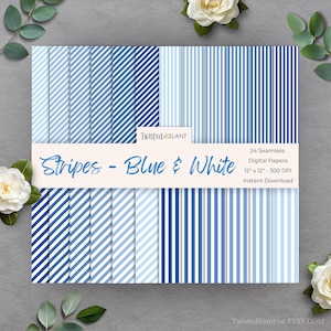 May include: A collection of 24 seamless digital papers with blue and white stripes. The papers are 12" x 12" and 300 DPI. The text "Stripes - Blue & White" is displayed on the front. The brand name "Twisted SLANT" is also visible.