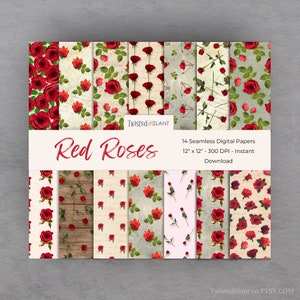 Red Rose Digital Paper, seamless papers, crimson red, red roses background for when call the heart , Mothers day, birthday, Valentines
