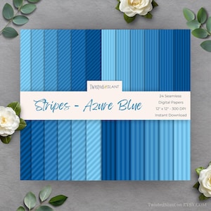 Puede incluir: Una colección de papeles digitales con varios diseños de rayas azules. Los papeles miden 30,48 cm x 30,48 cm y presentan diferentes tonos de azul. El texto de la imagen dice "Stripes - Azure Blue" y "24 Seamless Digital Papers".
