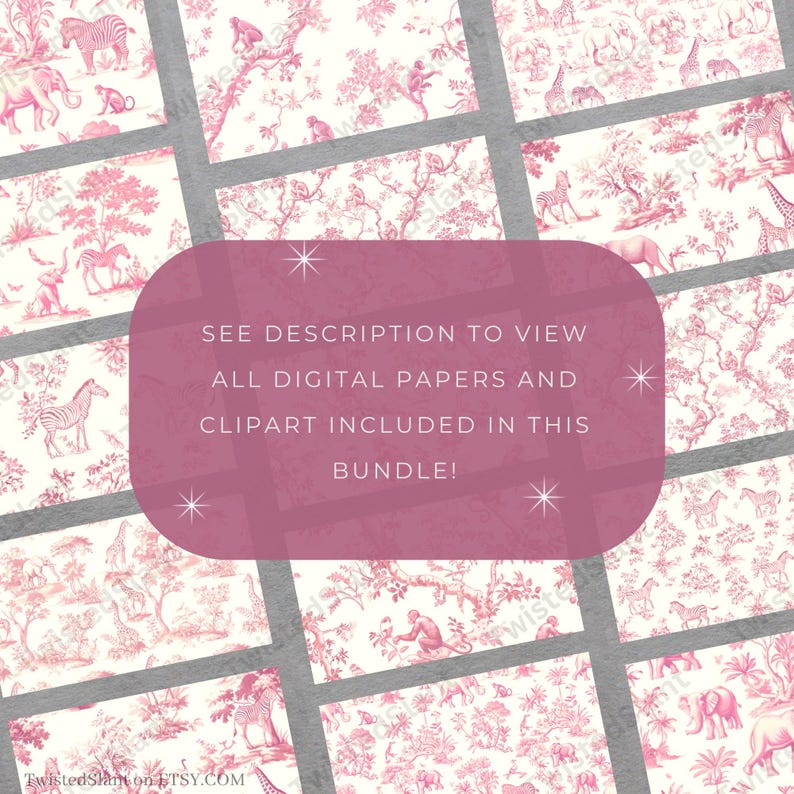 Toile De Jouy Safari Bundle INSTANT DOWNLOAD Pink Toile De Jouy Safari