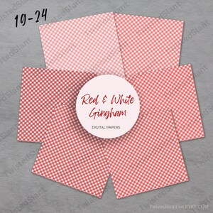 May include: Six digital paper designs featuring a red and white gingham pattern. The papers are arranged in a stack with the text "Red & White Gingham" and "DIGITAL PAPERS" visible.