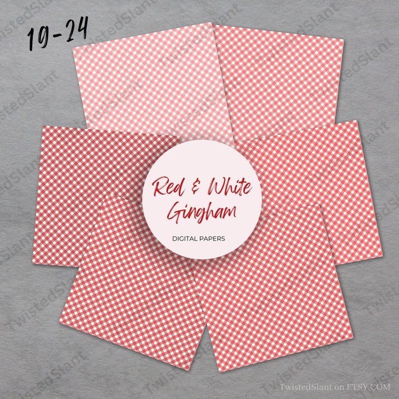 May include: Six digital paper designs featuring a red and white gingham pattern. The papers are arranged in a stack with the text "Red & White Gingham" and "DIGITAL PAPERS" visible.