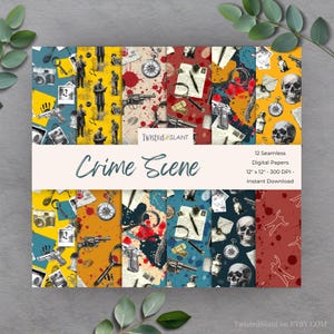 May include: A collection of 12 seamless digital papers with a crime scene theme. The designs feature elements like magnifying glasses, guns, skulls, and blood splatters. The papers are 12" x 12" and 300 DPI. The text "Crime Scene" is displayed prominently.