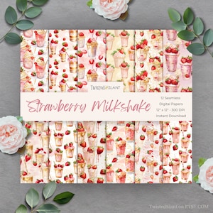 Digitale Papiere Erdbeeren | SOFORTIGER DOWNLOAD | Aquarell Erdbeere | Erdbeer Hintergrund | Seamless Paper Pack | Milchshake | FRT1