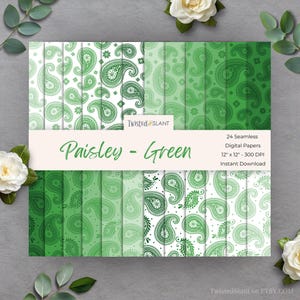 May include: A set of 24 seamless digital papers featuring a green paisley design. Each paper measures 30.48 cm x 30.48 cm and is 300 DPI. The text "Paisley - Green" is displayed, along with the brand name "Twisted SLANT".