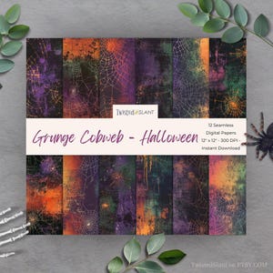 Op de afbeelding: Twaalf digitale papieren met een grunge spinnenwebpatroon in tinten oranje, paars, groen en zwart. De papieren zijn 30,5 cm bij 30,5 cm en 300 DPI. Grunge Cobweb - Halloween. Direct downloaden.